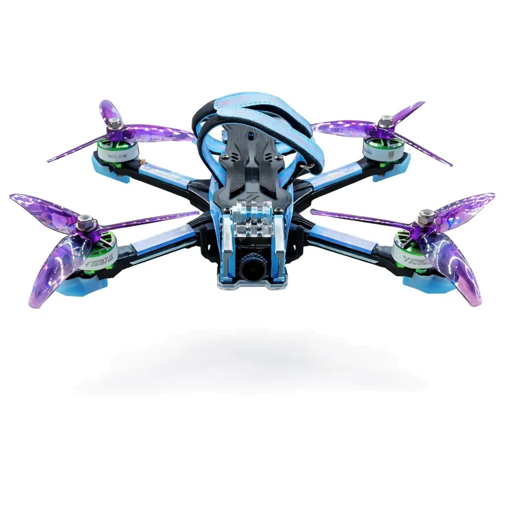 FPV racing quadcopter with carbon-fibre arms and a forward-facing camera.