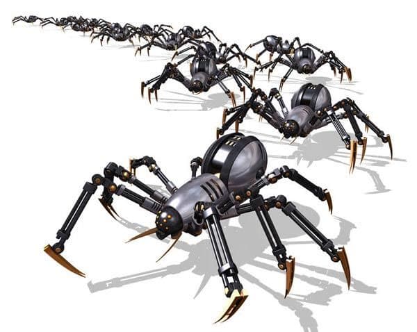 Robot swarm: a line of identical multi-legged robots moving in formation.